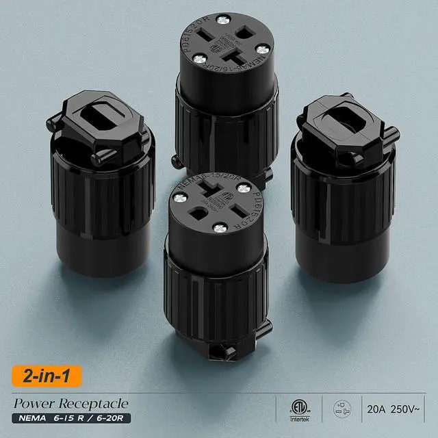 Alt view image 7 of 7 - (2PACK) NEMA 6-20R Female Socket,20Amp/250Volt, NEMA 6-15R 15A/250V ETL Listed Heavy Duty 3-Prong Female Straight Blade Connector, 15/20Amp 250V AC Industrial Grade Cord End Socket, Black