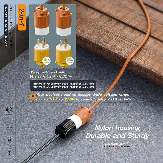 Alt view image 6 of 7 - (10PACK) NEMA 6-20R Female Socket,20Amp/250Volt, NEMA 6-15R 15A/250V ETL Listed Heavy Duty 3-Prong Female Straight Blade Connector, 15/20Amp 250V AC Industrial Grade Cord End Socket, Orange