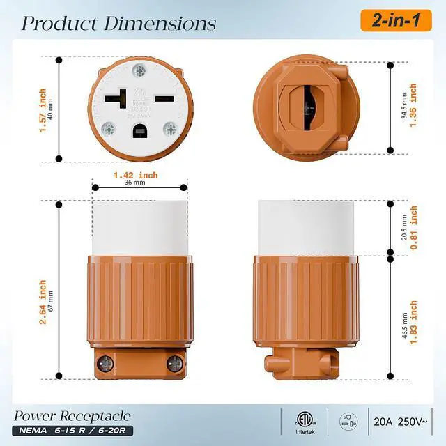 Alt view image 2 of 7 - (10PACK) NEMA 6-20R Female Socket,20Amp/250Volt, NEMA 6-15R 15A/250V ETL Listed Heavy Duty 3-Prong Female Straight Blade Connector, 15/20Amp 250V AC Industrial Grade Cord End Socket, Orange