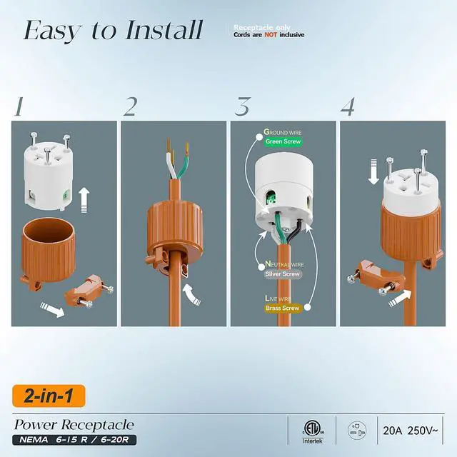 Alt view image 3 of 7 - (10PACK) NEMA 6-20R Female Socket,20Amp/250Volt, NEMA 6-15R 15A/250V ETL Listed Heavy Duty 3-Prong Female Straight Blade Connector, 15/20Amp 250V AC Industrial Grade Cord End Socket, Orange