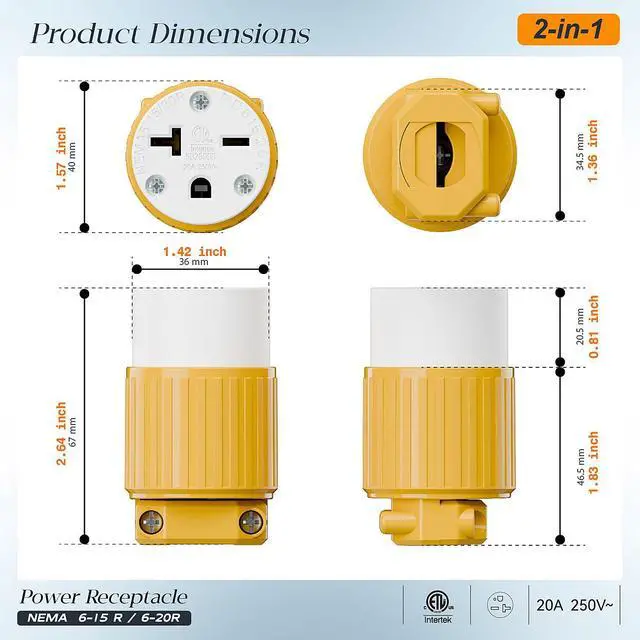 Alt view image 2 of 7 - (2PACK) NEMA 6-20R Female Socket,20Amp/250Volt, NEMA 6-15R 15A/250V ETL Listed Heavy Duty 3-Prong Female Straight Blade Connector, 15/20Amp 250V AC Industrial Grade Cord End Socket, Yellow