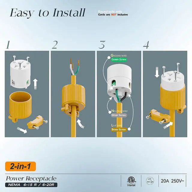 Alt view image 3 of 7 - (2PACK) NEMA 6-20R Female Socket,20Amp/250Volt, NEMA 6-15R 15A/250V ETL Listed Heavy Duty 3-Prong Female Straight Blade Connector, 15/20Amp 250V AC Industrial Grade Cord End Socket, Yellow