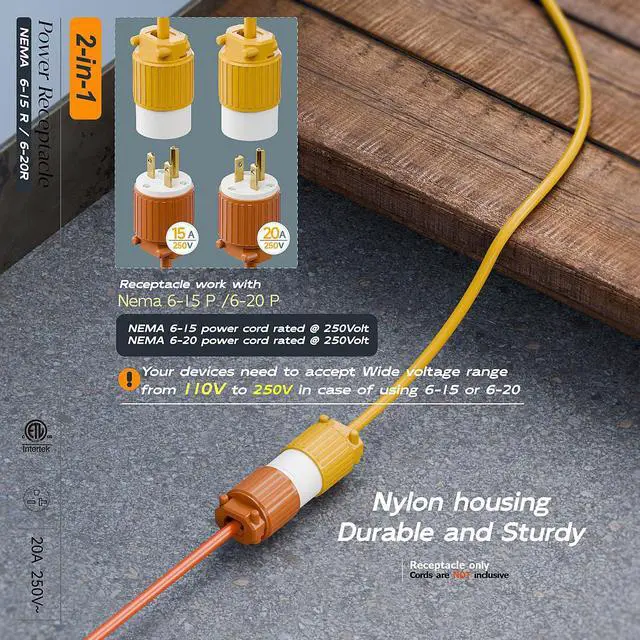 Alt view image 6 of 7 - (2PACK) NEMA 6-20R Female Socket,20Amp/250Volt, NEMA 6-15R 15A/250V ETL Listed Heavy Duty 3-Prong Female Straight Blade Connector, 15/20Amp 250V AC Industrial Grade Cord End Socket, Yellow