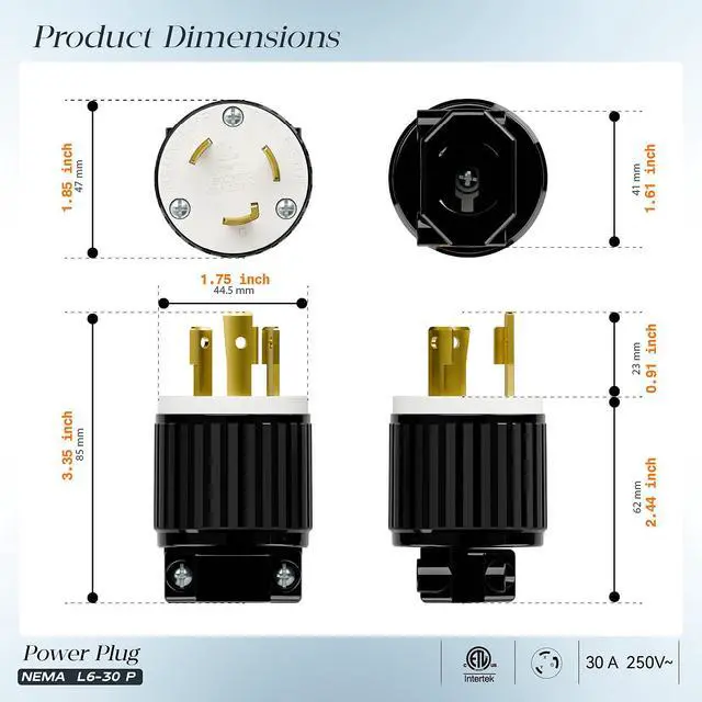 Alt view image 2 of 7 - (2PACK) NEMA L6-30P Locking Plug, (ETL Listed) Twist Lock L6-30 30Amp 250Volt Male AC Connector, Industrial Grade 30A 250V Replacement Plugs, T-Shaped Rotated Blade, PDL630P Black/White