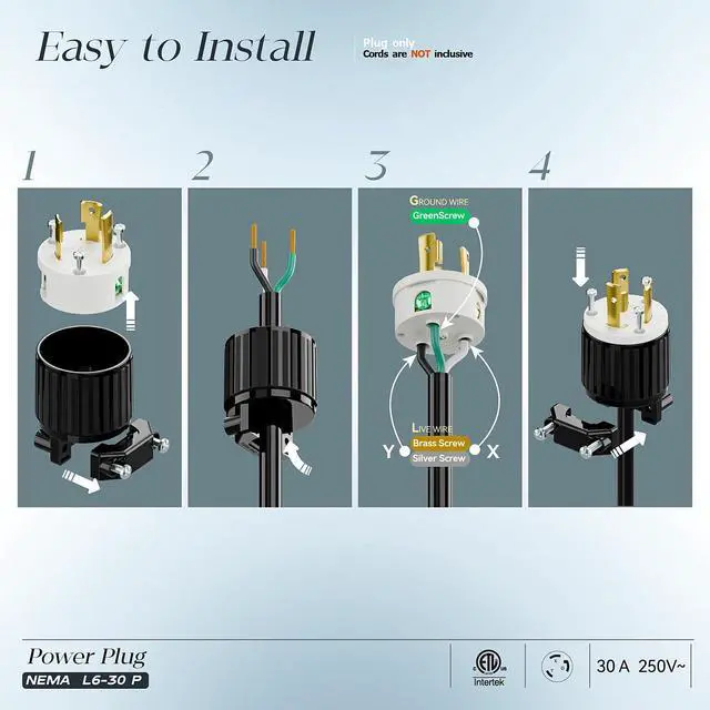 Alt view image 3 of 7 - (2PACK) NEMA L6-30P Locking Plug, (ETL Listed) Twist Lock L6-30 30Amp 250Volt Male AC Connector, Industrial Grade 30A 250V Replacement Plugs, T-Shaped Rotated Blade, PDL630P Black/White