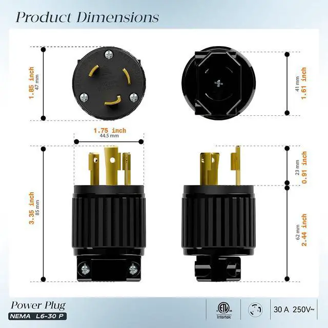 Alt view image 2 of 7 - NEMA L6-30P Locking Plug, (ETL Listed) Twist Lock L6-30 30Amp 250Volt Male AC Connector, Industrial Grade 30A 250V Replacement Plugs, T-Shaped Rotated Blade, PDL630P Black