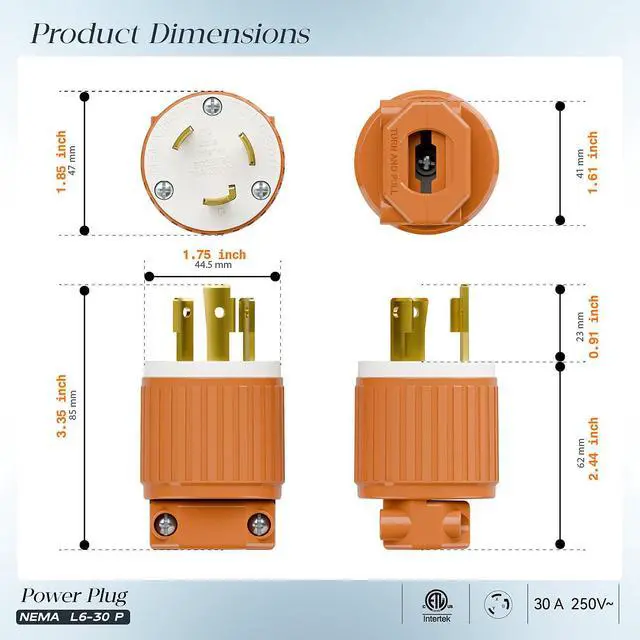 Alt view image 2 of 7 - NEMA L6-30P Locking Plug, (ETL Listed) Twist Lock L6-30 30Amp 250Volt Male AC Connector, Industrial Grade 30A 250V Replacement Plugs, T-Shaped Rotated Blade, PDL630P Orange