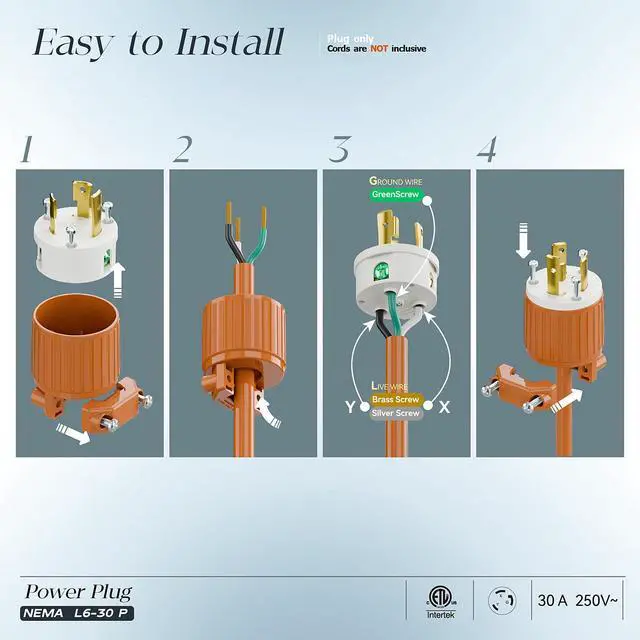 Alt view image 3 of 7 - NEMA L6-30P Locking Plug, (ETL Listed) Twist Lock L6-30 30Amp 250Volt Male AC Connector, Industrial Grade 30A 250V Replacement Plugs, T-Shaped Rotated Blade, PDL630P Orange