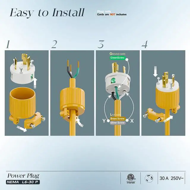 Alt view image 3 of 7 - NEMA L6-30P Locking Plug, (ETL Listed) Twist Lock L6-30 30Amp 250Volt Male AC Connector, Industrial Grade 30A 250V Replacement Plugs, T-Shaped Rotated Blade, PDL630P Yellow