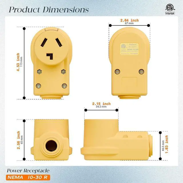 Alt view image 2 of 7 - NEMA 10-30R Plug,10-30 30A/125/250V Female Connector, (ETL Certified) 30Amp 125/250Volt Cord End Socket, Female 30A Dryer Receptacle, Heavy Duty, Yellow.