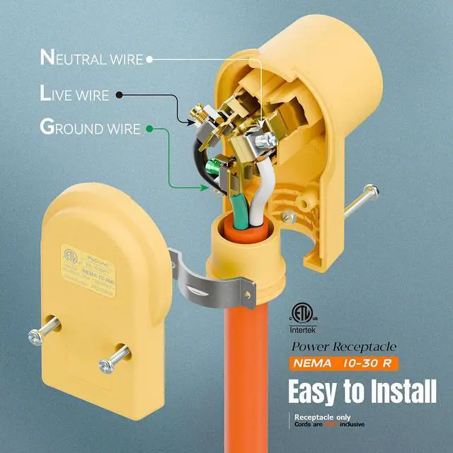 Alt view image 3 of 7 - NEMA 10-30R Plug,10-30 30A/125/250V Female Connector, (ETL Certified) 30Amp 125/250Volt Cord End Socket, Female 30A Dryer Receptacle, Heavy Duty, Yellow.