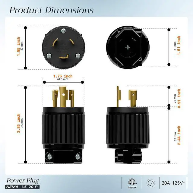 Alt view image 2 of 7 - (2PACK) NEMA L5-20P Locking Plug, Twist Lock L5-20 20Amp 125Volt Generator Plugs, Industrial Grade Lock in Male 20A/125V Connector, ETL Listed Heavy Duty Plug for Generators Black Color