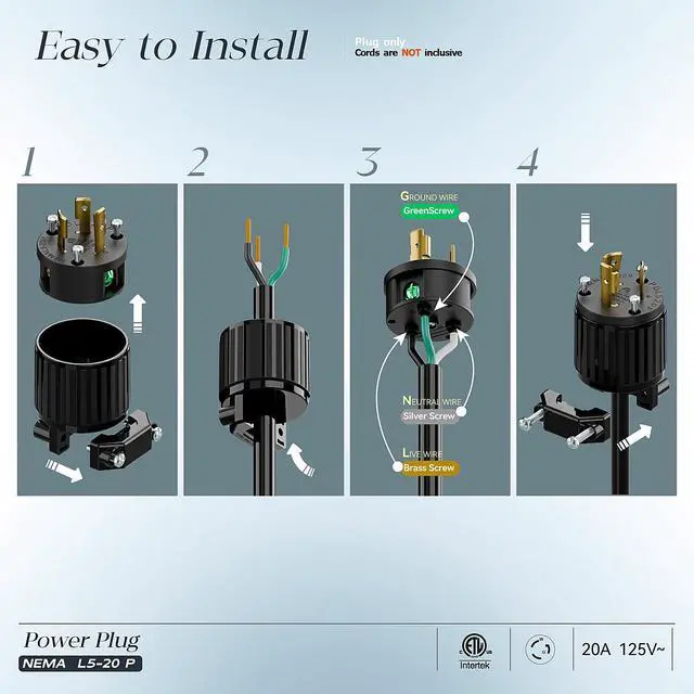 Alt view image 3 of 7 - (2PACK) NEMA L5-20P Locking Plug, Twist Lock L5-20 20Amp 125Volt Generator Plugs, Industrial Grade Lock in Male 20A/125V Connector, ETL Listed Heavy Duty Plug for Generators Black Color