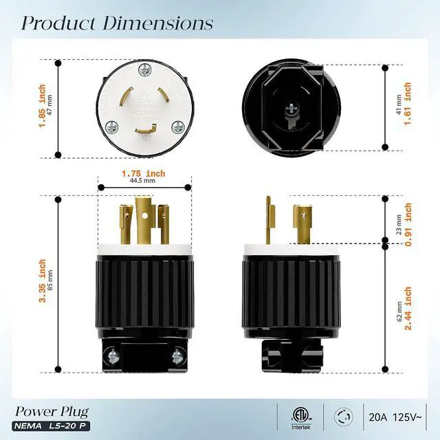 Alt view image 2 of 7 - (2PACK) NEMA L5-20P Locking Plug, Twist Lock L5-20 20Amp 125Volt Generator Plugs, Industrial Grade Lock in Male 20A/125V Connector, ETL Listed Heavy Duty Plug for Generators Black/White Color