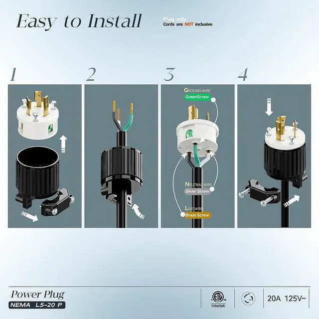 Alt view image 3 of 7 - (2PACK) NEMA L5-20P Locking Plug, Twist Lock L5-20 20Amp 125Volt Generator Plugs, Industrial Grade Lock in Male 20A/125V Connector, ETL Listed Heavy Duty Plug for Generators Black/White Color
