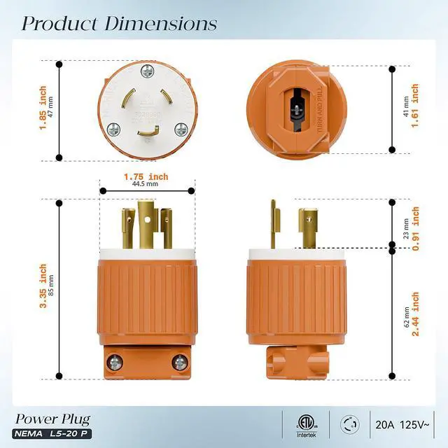 Alt view image 2 of 7 - NEMA L5-20P Locking Plug, Twist Lock L5-20 20Amp 125Volt Generator Plugs, Industrial Grade Lock in Male 20A/125V Connector, ETL Listed Heavy Duty Plug for Generators Orange Color