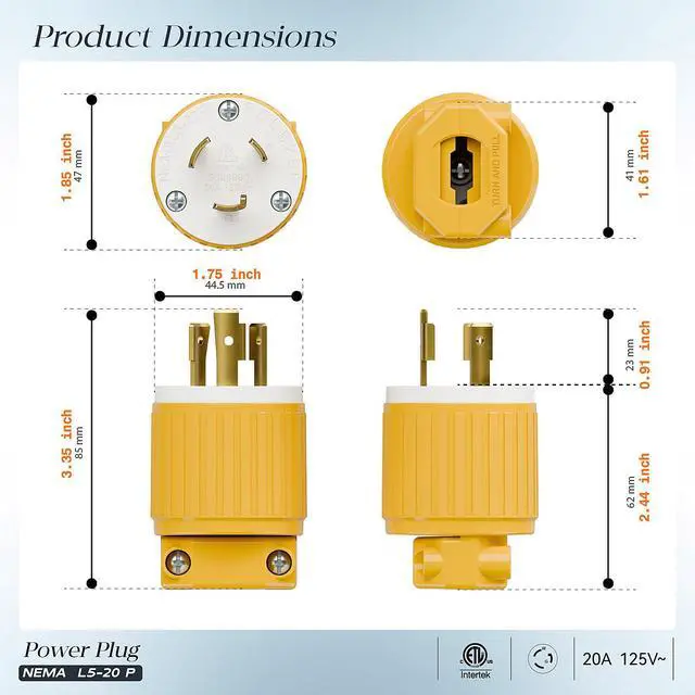 Alt view image 2 of 7 - NEMA L5-20P Locking Plug, Twist Lock L5-20 20Amp 125Volt Generator Plugs, Industrial Grade Lock in Male 20A/125V Connector, ETL Listed Heavy Duty Plug for Generators Yellow Color
