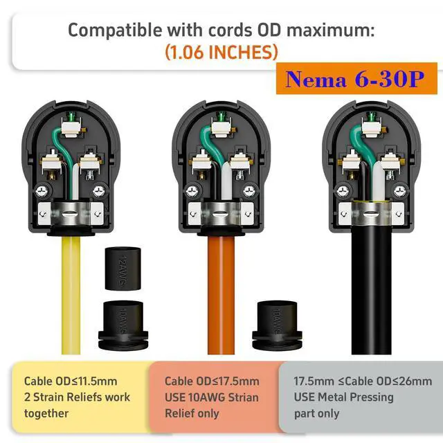 Alt view image 5 of 7 - 2-in-1 Nema 6-30P/6-50P Plug 30/50 Amp 250 Volt Angle Plug, 3 Pole 3 Wire Straight Blade Plug for Welder and Ranges, Cable OD Max. 1.0 Inch Black