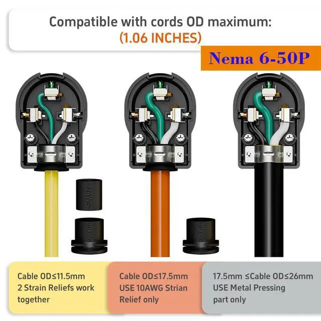 Alt view image 6 of 7 - 2-in-1 Nema 6-30P/6-50P Plug 30/50 Amp 250 Volt Angle Plug, 3 Pole 3 Wire Straight Blade Plug for Welder and Ranges, Cable OD Max. 1.0 Inch Black