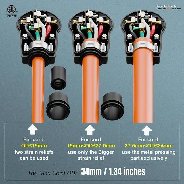 Alt view image 4 of 7 - (2PACK) NEMA 14-50R Plug,14-50 50A/125/250V Female Connector, (ETL Certified) 50Amp 125/250Volt Cord End Socket, Female 50A Dryer Receptacle, Heavy Duty, Black.