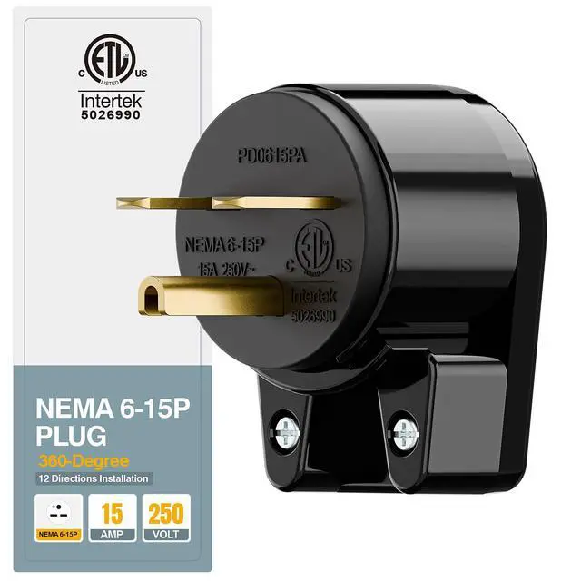 Alt view image 2 of 7 - Nema 6-15P 15Amp 250V Plug, Plugrand 15A 25V DIY Rewirable AC Plug | ETL Listed 90 Degree Right Angle 6-15P 15A 250V DIY Adapter, 12-Directions Rotatable 6-15 Connector Black