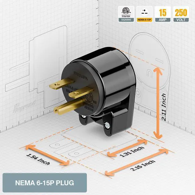 Alt view image 4 of 7 - Nema 6-15P 15Amp 250V Plug, Plugrand 15A 25V DIY Rewirable AC Plug | ETL Listed 90 Degree Right Angle 6-15P 15A 250V DIY Adapter, 12-Directions Rotatable 6-15 Connector Black
