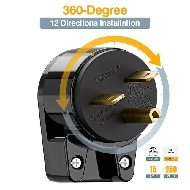 Alt view image 6 of 7 - Nema 6-15P 15Amp 250V Plug, Plugrand 15A 25V DIY Rewirable AC Plug | ETL Listed 90 Degree Right Angle 6-15P 15A 250V DIY Adapter, 12-Directions Rotatable 6-15 Connector Black