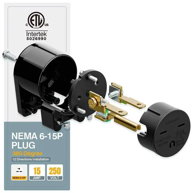 Alt view image 5 of 7 - Nema 6-15P 15Amp 250V Plug, Plugrand 15A 25V DIY Rewirable AC Plug | ETL Listed 90 Degree Right Angle 6-15P 15A 250V DIY Adapter, 12-Directions Rotatable 6-15 Connector Black