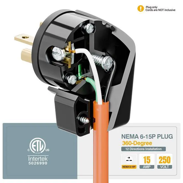 Alt view image 7 of 7 - Nema 6-15P 15Amp 250V Plug, Plugrand 15A 25V DIY Rewirable AC Plug | ETL Listed 90 Degree Right Angle 6-15P 15A 250V DIY Adapter, 12-Directions Rotatable 6-15 Connector Black