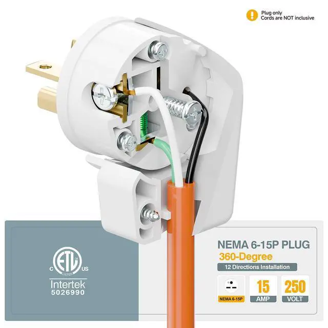 Alt view image 7 of 7 - Nema 6-15P 15Amp 250V Plug, Plugrand 15A 25V DIY Rewirable AC Plug | ETL Listed 90 Degree 6-15P 15A 250V DIY Plugs, 12-Directions Rotatable 6-15 Connector