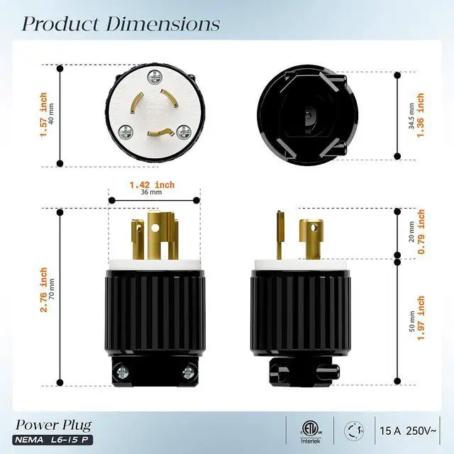 Alt view image 2 of 7 - (2PACK) NEMA L6-15P Locking Plug, (ETL Listed) Twist Lock L6-15 15Amp 250Volt Male AC Connector, Industrial Grade 15A 250V Replacement Plugs, T-Shaped Rotated Blade, PDL615P Black/White