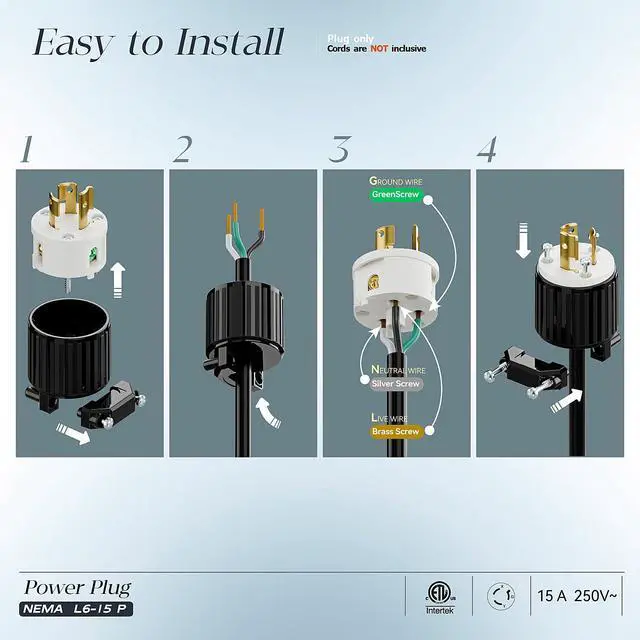 Alt view image 3 of 7 - (2PACK) NEMA L6-15P Locking Plug, (ETL Listed) Twist Lock L6-15 15Amp 250Volt Male AC Connector, Industrial Grade 15A 250V Replacement Plugs, T-Shaped Rotated Blade, PDL615P Black/White