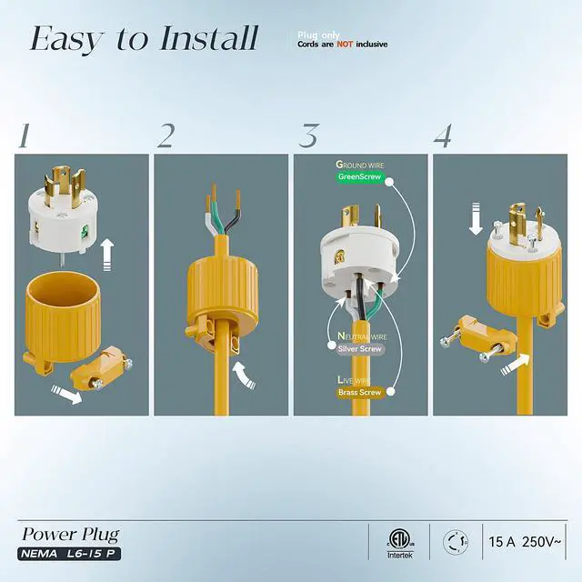 Alt view image 3 of 7 - (2PACK) NEMA L6-15P Locking Plug, (ETL Listed) Twist Lock L6-15 15Amp 250Volt Male AC Connector, Industrial Grade 15A 250V Replacement Plugs, T-Shaped Rotated Blade, PDL615P Yellow Color