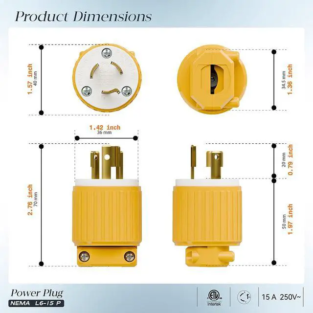 Alt view image 2 of 7 - (2PACK) NEMA L6-15P Locking Plug, (ETL Listed) Twist Lock L6-15 15Amp 250Volt Male AC Connector, Industrial Grade 15A 250V Replacement Plugs, T-Shaped Rotated Blade, PDL615P Yellow Color