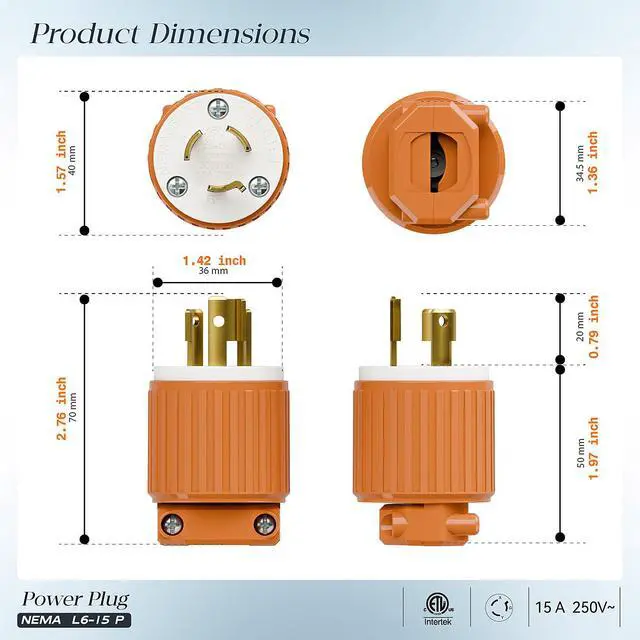 Alt view image 2 of 7 - (2PACK) NEMA L6-15P Locking Plug, (ETL Listed) Twist Lock L6-15 15Amp 250Volt Male AC Connector, Industrial Grade 15A 250V Replacement Plugs, T-Shaped Rotated Blade, PDL615P Orange Color