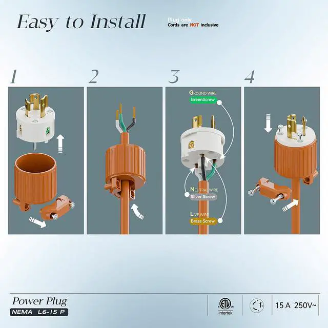 Alt view image 3 of 7 - (2PACK) NEMA L6-15P Locking Plug, (ETL Listed) Twist Lock L6-15 15Amp 250Volt Male AC Connector, Industrial Grade 15A 250V Replacement Plugs, T-Shaped Rotated Blade, PDL615P Orange Color