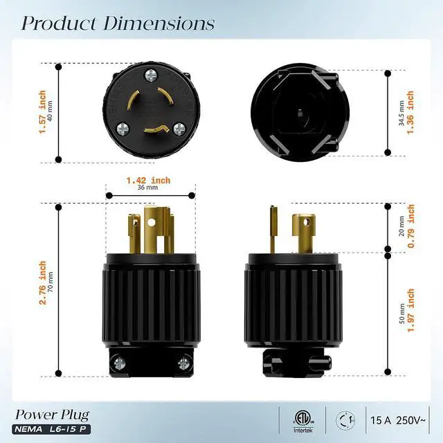 Alt view image 2 of 7 - NEMA L6-15P Locking Plug, (ETL Listed) Twist Lock L6-15 15Amp 250Volt Male AC Connector, Industrial Grade 15A 250V Replacement Plugs, T-Shaped Rotated Blade, PDL615P Black