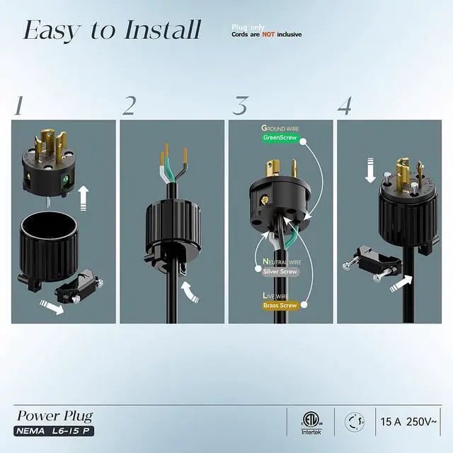 Alt view image 3 of 7 - NEMA L6-15P Locking Plug, (ETL Listed) Twist Lock L6-15 15Amp 250Volt Male AC Connector, Industrial Grade 15A 250V Replacement Plugs, T-Shaped Rotated Blade, PDL615P Black