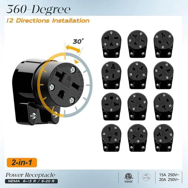 Alt view image 6 of 7 - Right Angle NEMA 6-20R Female Socket, 20Amp/250Volt, NEMA 6-15R 15A/250V ETL Listed Heavy Duty 3-Prong Female Straight Blade Connector, 15/20A 250V AC Cord End Socket, Black