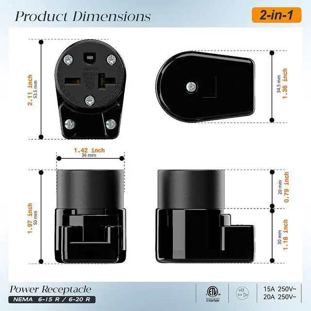 Alt view image 2 of 7 - (2PACK) Right Angle NEMA 6-20R Female Socket, 20Amp/250Volt, NEMA 6-15R 15A/250V ETL Listed Heavy Duty 3-Prong Female Straight Blade Connector, 15/20A 250V AC Cord End Socket, Black