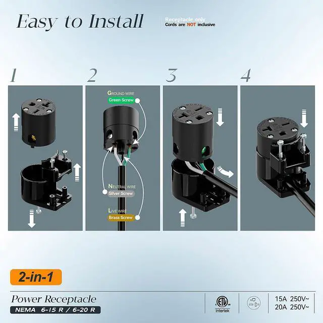 Alt view image 3 of 7 - (2PACK) Right Angle NEMA 6-20R Female Socket, 20Amp/250Volt, NEMA 6-15R 15A/250V ETL Listed Heavy Duty 3-Prong Female Straight Blade Connector, 15/20A 250V AC Cord End Socket, Black