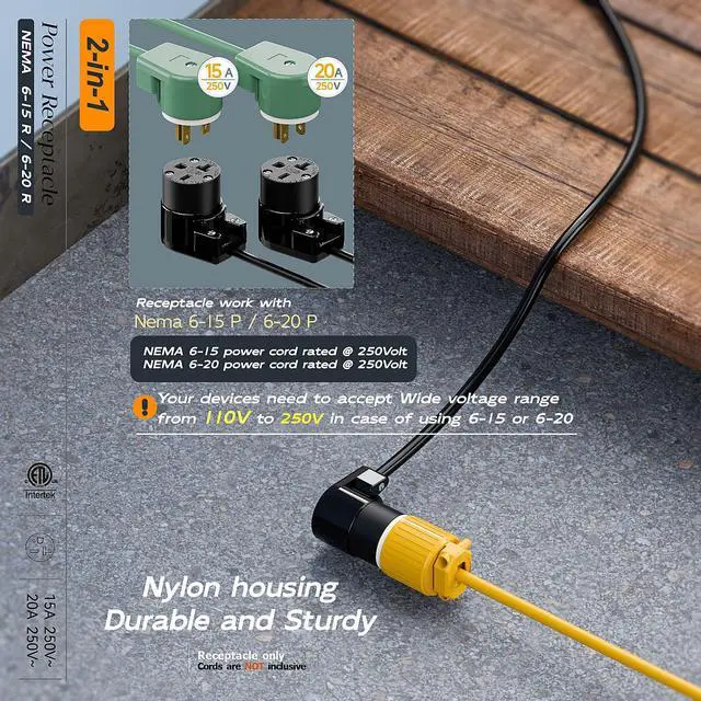 Alt view image 6 of 7 - (2PACK) Right Angle NEMA 6-20R Female Socket, 20Amp/250Volt, NEMA 6-15R 15A/250V ETL Listed Heavy Duty 3-Prong Female Straight Blade Connector, 15/20A 250V AC Cord End Socket, Black
