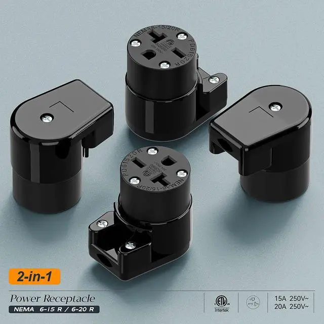 Alt view image 7 of 7 - (2PACK) Right Angle NEMA 6-20R Female Socket, 20Amp/250Volt, NEMA 6-15R 15A/250V ETL Listed Heavy Duty 3-Prong Female Straight Blade Connector, 15/20A 250V AC Cord End Socket, Black