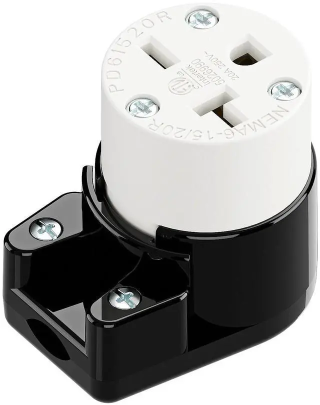 Main image of Right Angle NEMA 6-20R Female Socket, 20Amp/250Volt, NEMA 6-15R 15A/250V ETL Listed Heavy Duty 3-Prong Female Straight Blade Connector, 15/20A 250V AC Industrial Grade Cord End Socket, Black/White