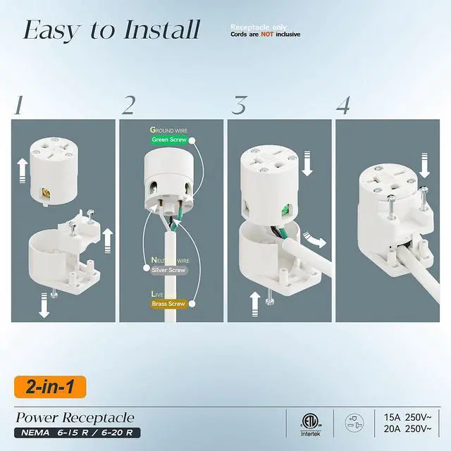 Alt view image 3 of 7 - Right Angle NEMA 6-20R Female Socket, 20Amp/250Volt, NEMA 6-15R 15A/250V ETL Listed Heavy Duty 3-Prong Female Straight Blade Connector, 15/20A 250V AC Cord End Socket, White