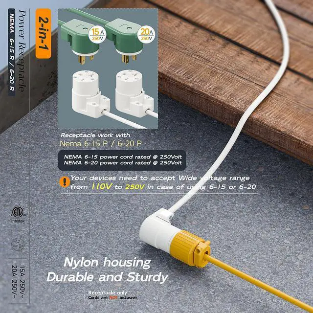 Alt view image 6 of 7 - Right Angle NEMA 6-20R Female Socket, 20Amp/250Volt, NEMA 6-15R 15A/250V ETL Listed Heavy Duty 3-Prong Female Straight Blade Connector, 15/20A 250V AC Cord End Socket, White