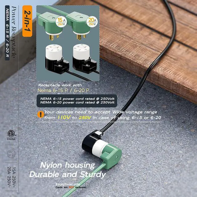 Alt view image 6 of 7 - (2PACK) Right Angle NEMA 6-20R Female Socket, 20Amp/250Volt, NEMA 6-15R 15A/250V ETL Listed Heavy Duty 3-Prong Female Straight Blade Connector, Industrial Grade Cord End Socket, Black/White