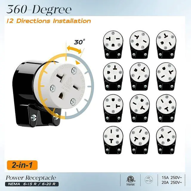 Alt view image 7 of 7 - (2PACK) Right Angle NEMA 6-20R Female Socket, 20Amp/250Volt, NEMA 6-15R 15A/250V ETL Listed Heavy Duty 3-Prong Female Straight Blade Connector, Industrial Grade Cord End Socket, Black/White