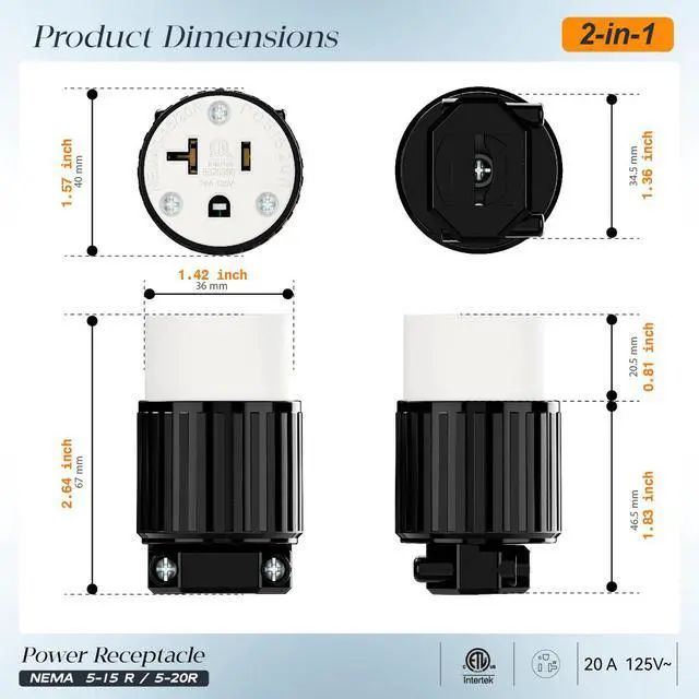 Alt view image 2 of 7 - (10PACK) NEMA 5-20R Female Socket, Plugrand 20A 125V AC Cord End Socket | Industrial Grade NEMA 5-15R Plug, ETL Listed Heavy Duty 3-Prong Female Straight Blade Connector, 15/20Amp 125V, Black/White