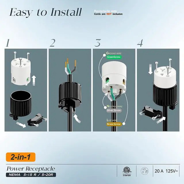 Alt view image 3 of 7 - (10PACK) NEMA 5-20R Female Socket, Plugrand 20A 125V AC Cord End Socket | Industrial Grade NEMA 5-15R Plug, ETL Listed Heavy Duty 3-Prong Female Straight Blade Connector, 15/20Amp 125V, Black/White